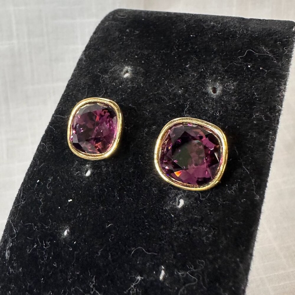 Vintage Napier Squared Gold Tone Earrings with Purple Stones